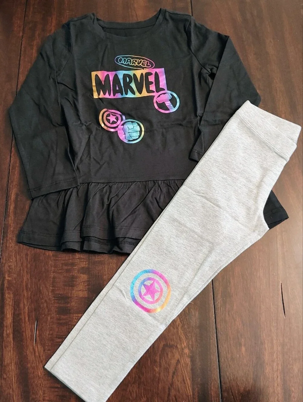 Marvel Girls Black Top with Rainbow Logo and Gray Leggings